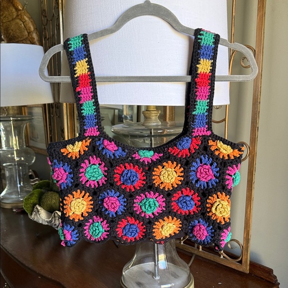 FARM Rio Black Crocheted Tank with Bright Multicolor Floral Motifs - Picture 6 of 9